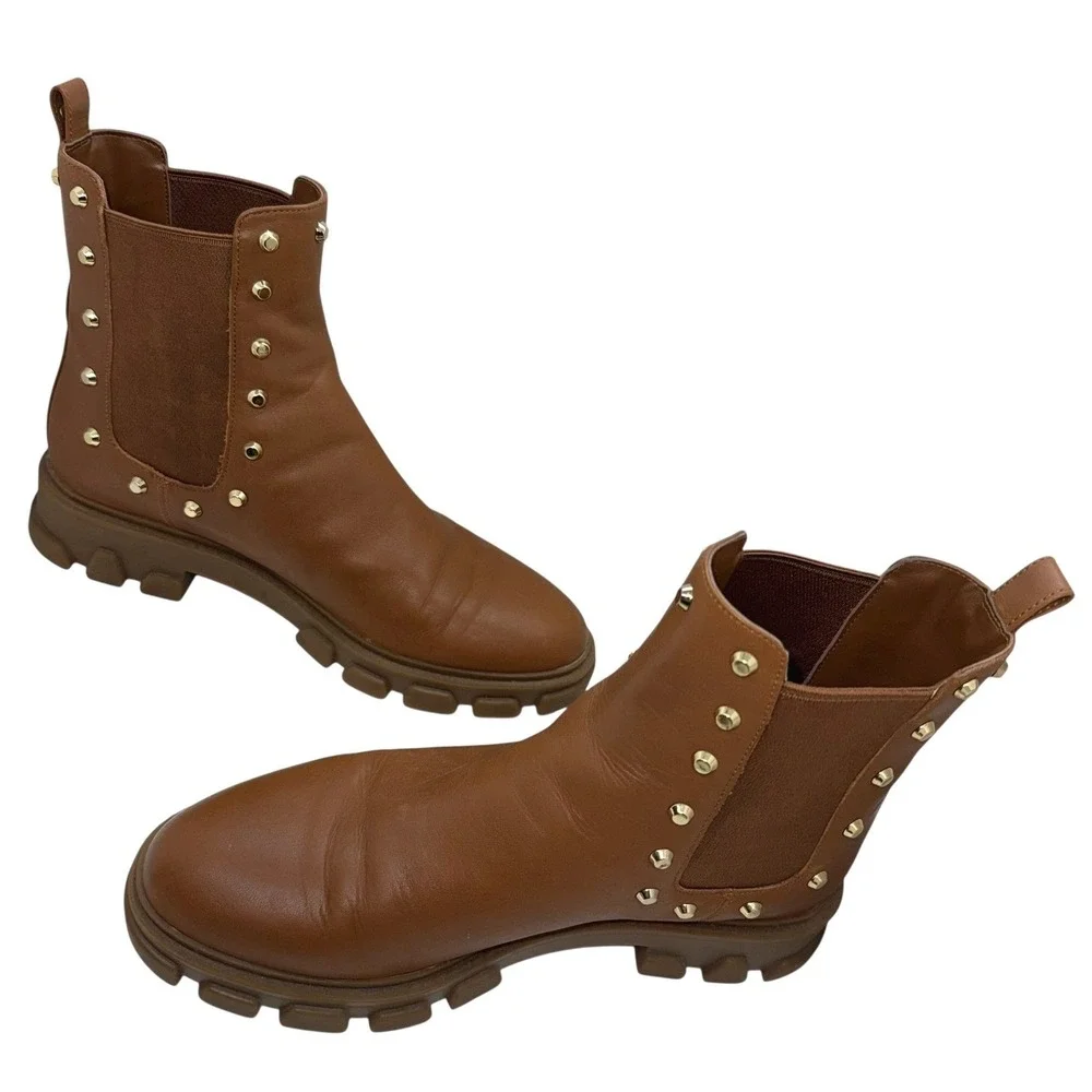 Michael Kors‎ Ridley Gore Bootie Leather Studded Luggage Tan Chelsea Boot size 8